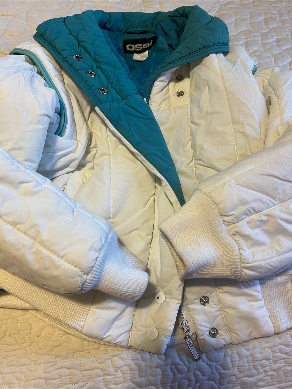 Vintage Women's White Bomber Jacket with Teal Lining - OSSI
